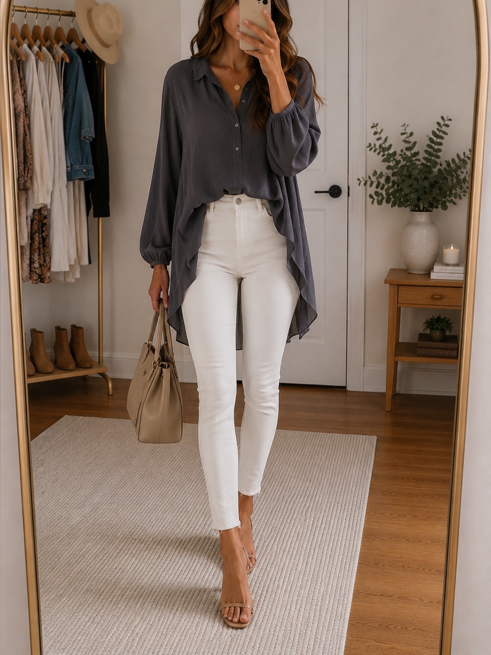 Club Monaco Dark Charcoal Long-Sleeve Handkerchief Hem Blouse